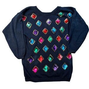 Celina Yang Sequin Harlequin Sweater Women XL Black Good Vintage Beaded Knit